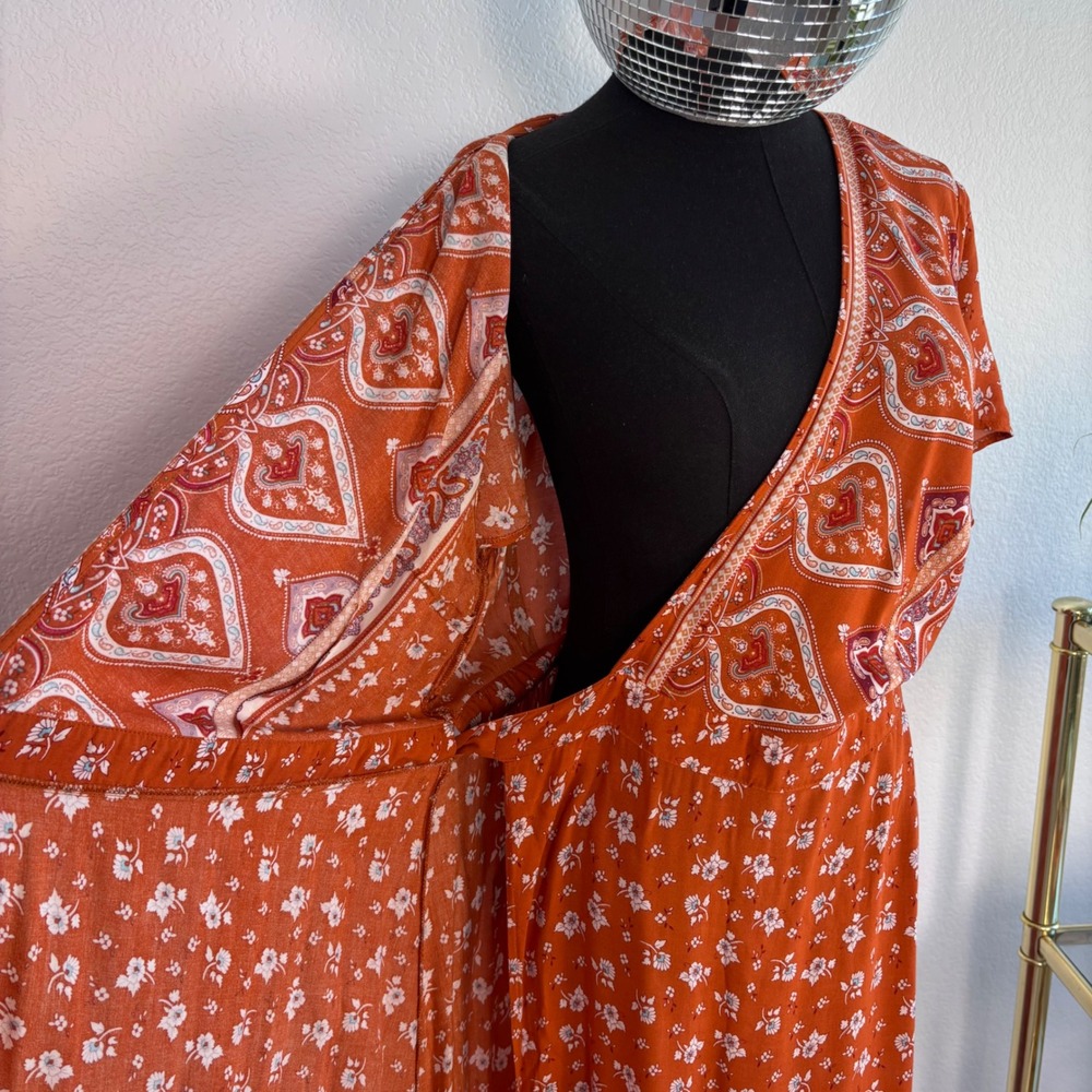 Bohemian‎ Floral Wrap Maxi Dress, Size Large Rust Orange Paisley Hippie Prairie - Picture 3 of 16